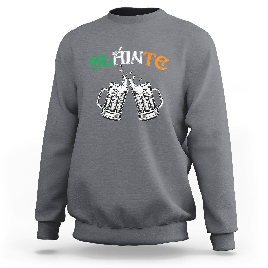 Gray sweatshirt with Sláinte graphic and clinking beer mugs