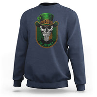 Navy crewneck sweatshirt with green skull graphic centered on the chest