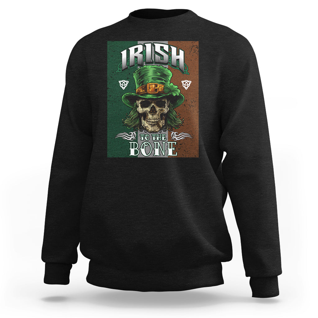 Black crewneck sweatshirt with skull wearing hat graphic and "IRISH TO THE BONE" text.
