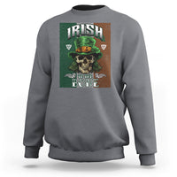 Heather gray crewneck sweatshirt with skull wearing hat graphic and "IRISH TO THE BONE" text.