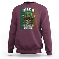 Maroon crewneck sweatshirt with skull wearing hat graphic and "IRISH TO THE BONE" text.