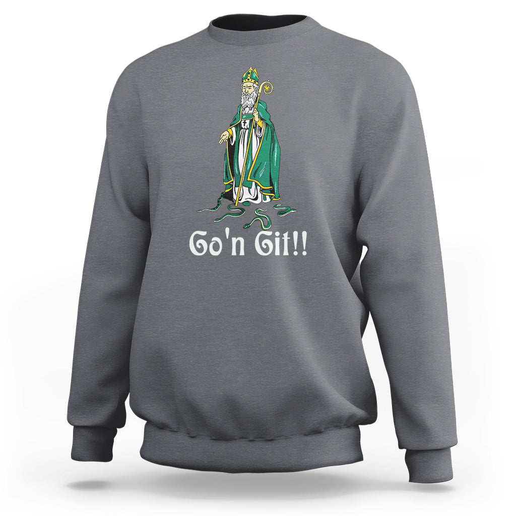 St. Patrick's Day sweatshirt in gray with green leprechaun graphic and “Go'n Git!!”.