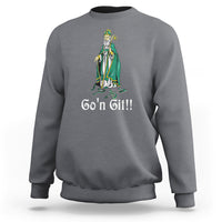 St. Patrick's Day sweatshirt in gray with green leprechaun graphic and “Go'n Git!!”.
