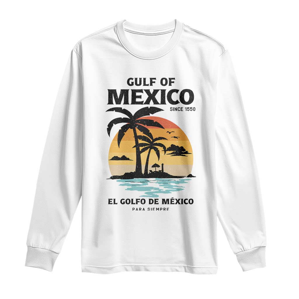 White long-sleeve shirt with palm tree beach graphic and “Gulf of Mexico” text.