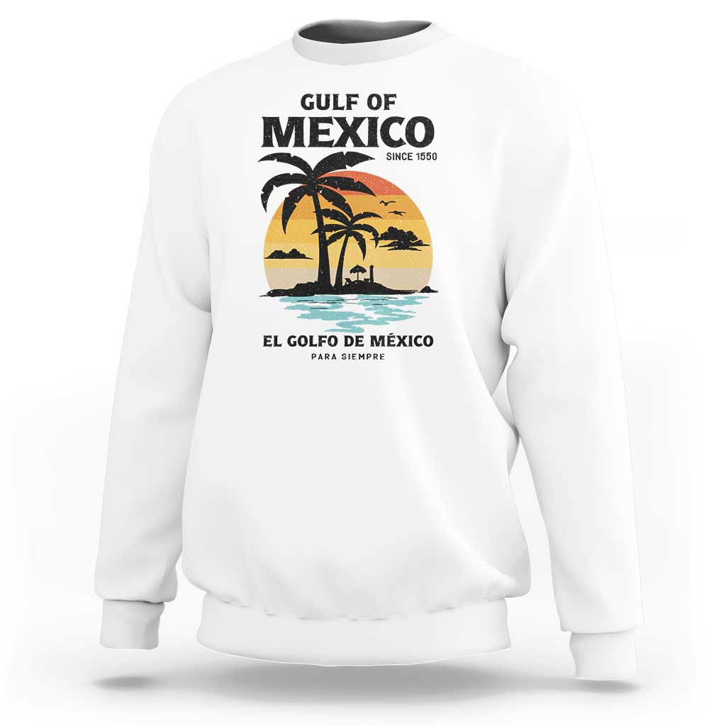 White sweatshirt with retro Gulf of Mexico beach graphic on front