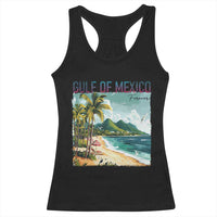 Black racerback tank top with Gulf of Mexico beach graphic, sleeveless scoop neck
