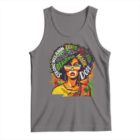 Gray crewneck magic tank top with colorful afro portrait graphic on front