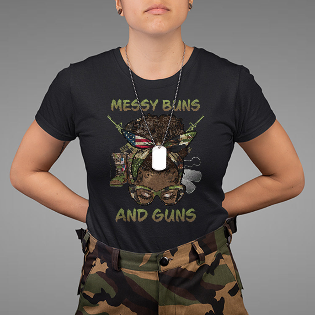 Messy Buns And Guns American Patriotic T-Shirt for Female Veteran, Woman Veteran Shirt, DD214 Shirt, Patriotic Shirt, US Military Shirt T Shirt - Wonder Print Shop