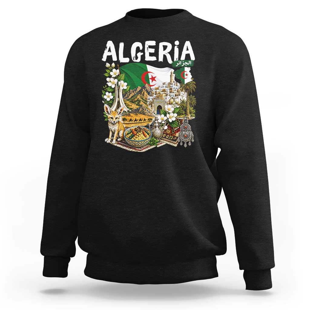 Algeria Algerian Culture and Landmarks Collage Graphic Sweatshirt Proud Fennec Fox Heritage and Arabic Calligraphy