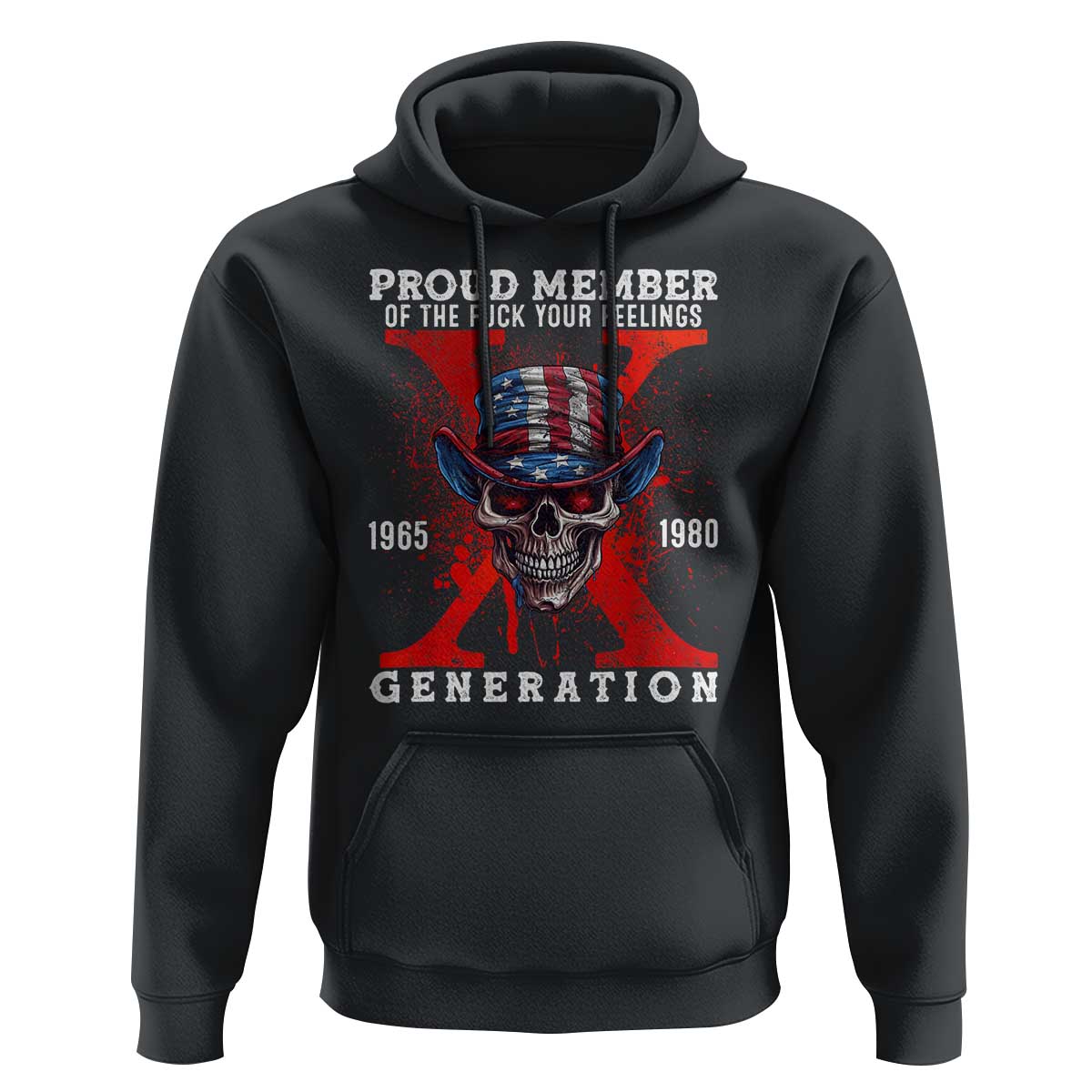 Men's black skull graphic hoodie, 'Generation' front print with red cross