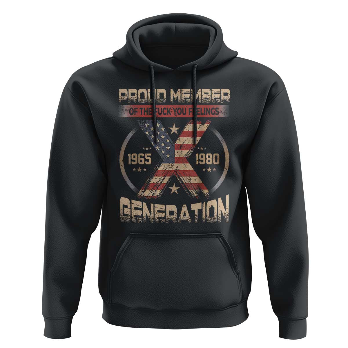Dark charcoal pullover hoodie with front kangaroo pocket and retro American flag graphic