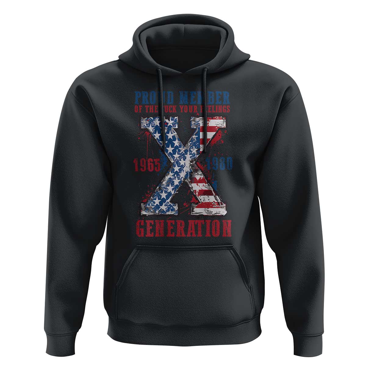 Black pullover hoodie with American flag Gen X cross graphic and front kangaroo pocket