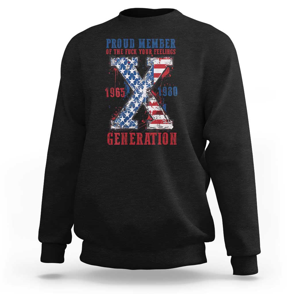 Black crewneck sweatshirt with large American flag “X” graphic and Gen X text