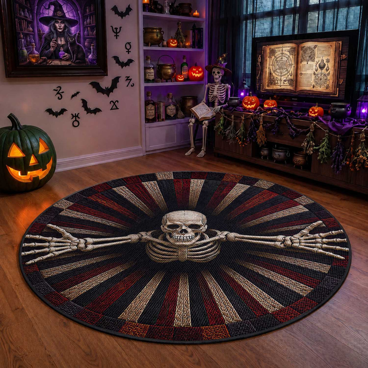 Spooky Skeleton Reaching Out 3D Optical Illusion Round Rug Gothic Horror Halloween Trippy Vortex Graphic