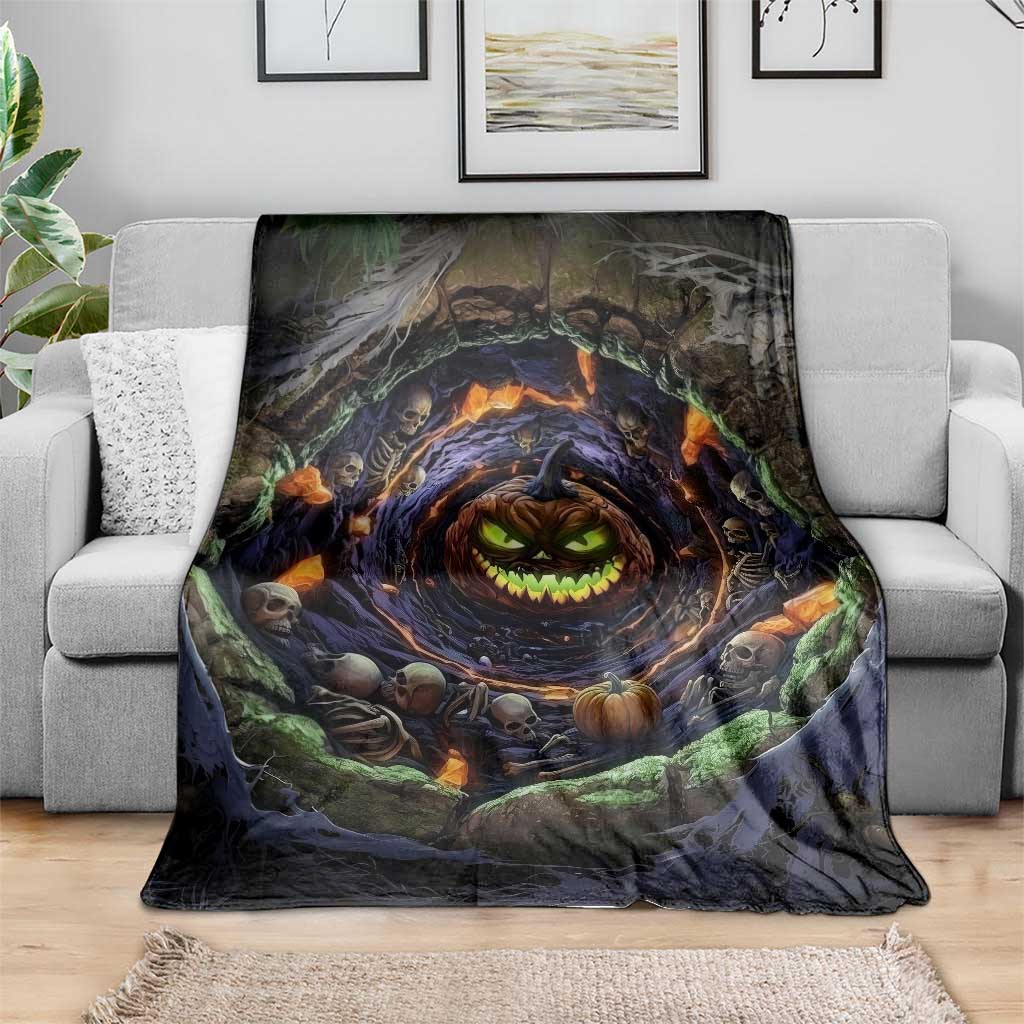 Evil Pumpkin Skull Pit Dark Fantasy 3D Halloween Optical Illusion Throw Blanket