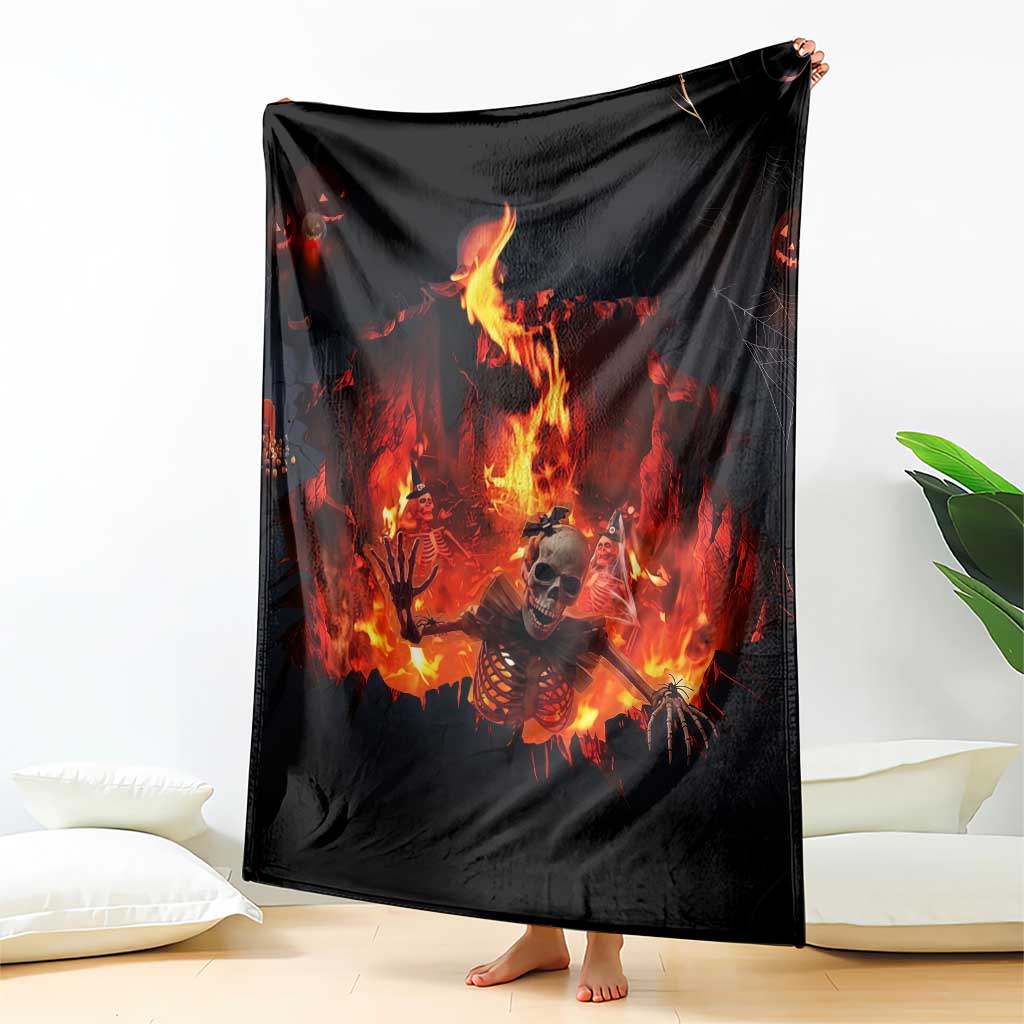 Skeleton Hello From Fiery Hell Pit 3D Halloween Optical Illusion Throw Blanket