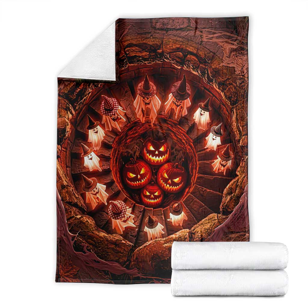 Cute Ghosts Witch in Evil Pumpkin Pit 3D Halloween Optical Illusion Throw Blanket