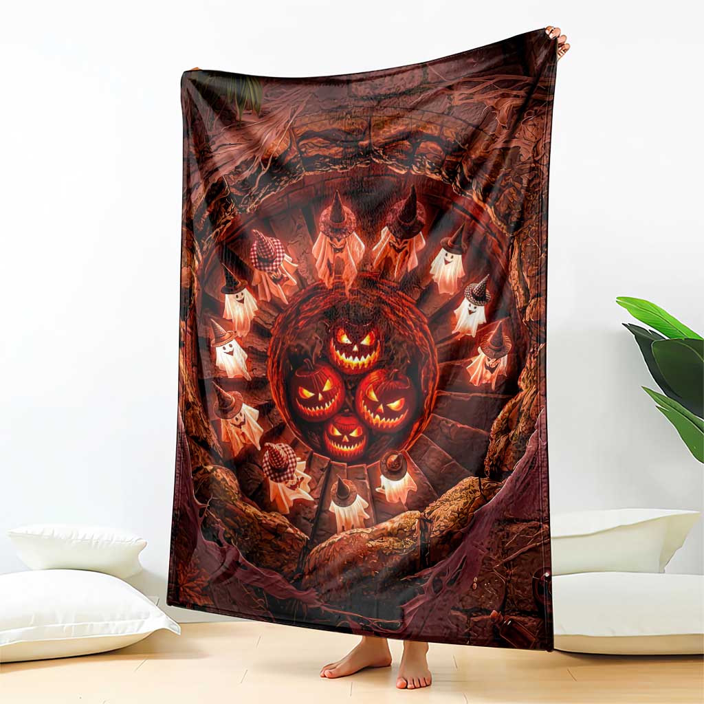 Cute Ghosts Witch in Evil Pumpkin Pit 3D Halloween Optical Illusion Throw Blanket
