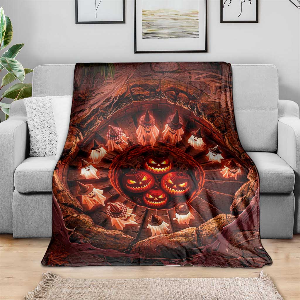 Cute Ghosts Witch in Evil Pumpkin Pit 3D Halloween Optical Illusion Throw Blanket