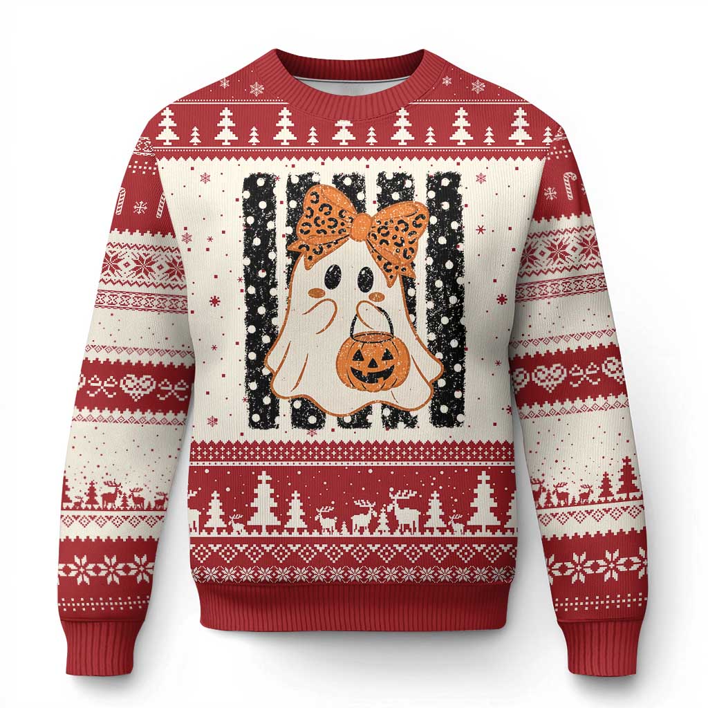 Cute Sheet Ghost with Bow Tie and Pumpkin Bucket Halloween Graphic Ugly Christmas Sweater