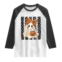 Cute Sheet Ghost with Bow Tie and Pumpkin Bucket Halloween Graphic Raglan Shirt