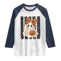 Cute Sheet Ghost with Bow Tie and Pumpkin Bucket Halloween Graphic Raglan Shirt