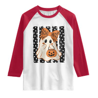 Cute Sheet Ghost with Bow Tie and Pumpkin Bucket Halloween Graphic Raglan Shirt