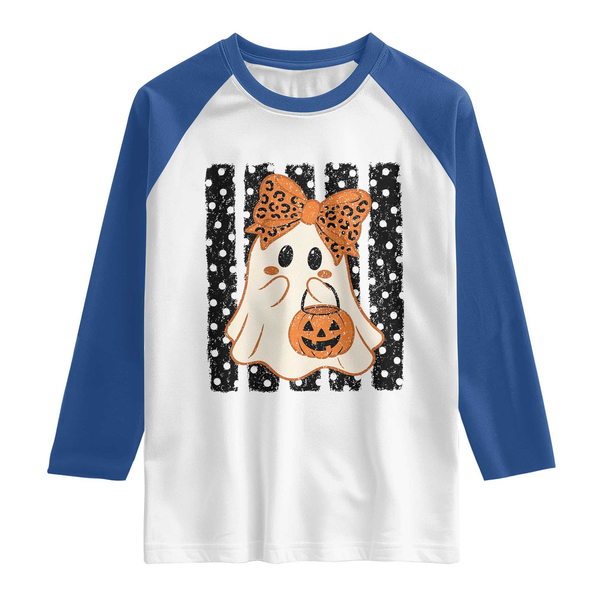 Cute Sheet Ghost with Bow Tie and Pumpkin Bucket Halloween Graphic Raglan Shirt