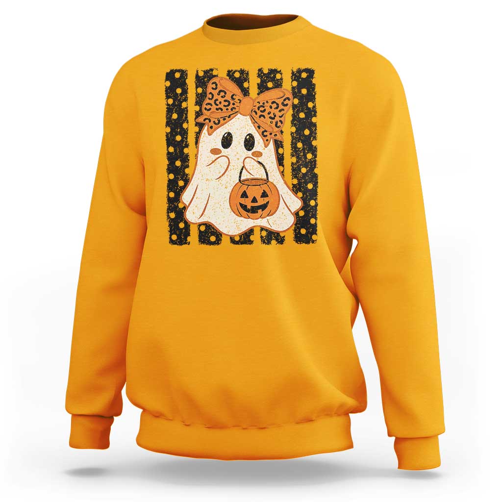 Cute Sheet Ghost with Bow Tie and Pumpkin Bucket Halloween Graphic Sweatshirt