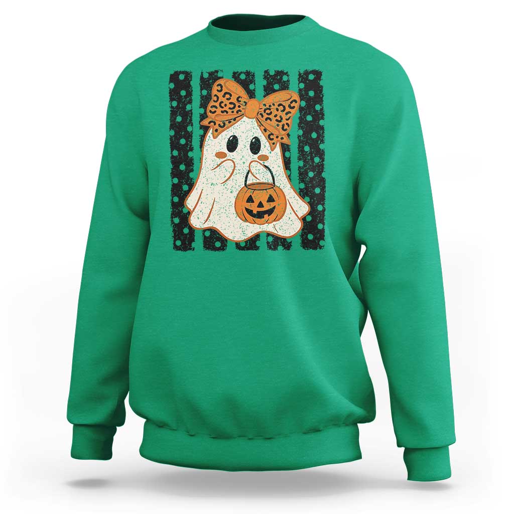Cute Sheet Ghost with Bow Tie and Pumpkin Bucket Halloween Graphic Sweatshirt