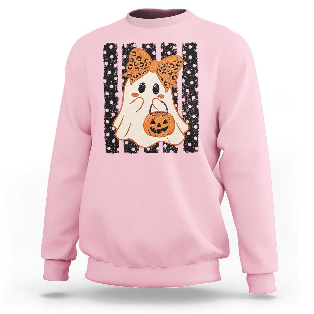 Cute Sheet Ghost with Bow Tie and Pumpkin Bucket Halloween Graphic Sweatshirt