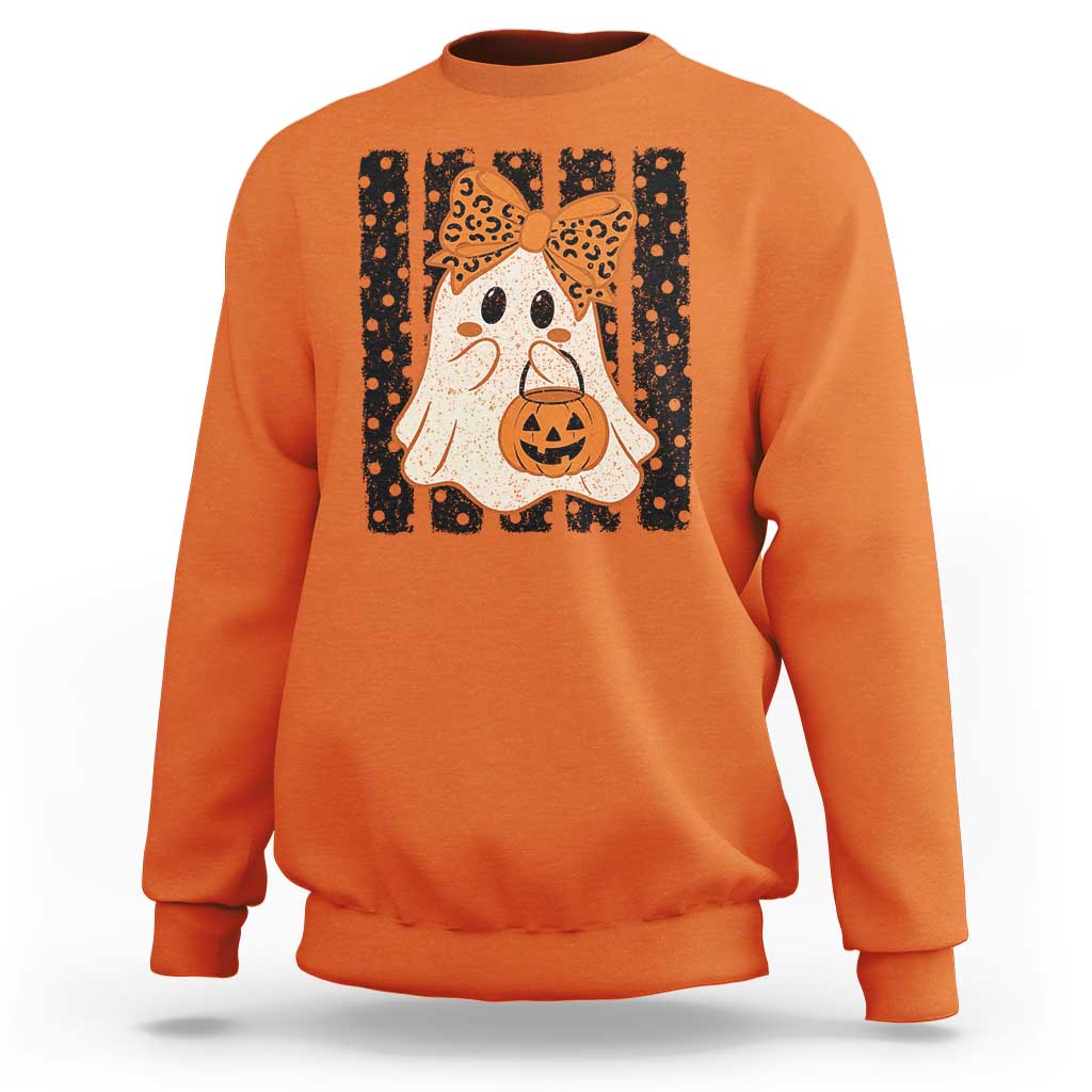 Cute Sheet Ghost with Bow Tie and Pumpkin Bucket Halloween Graphic Sweatshirt