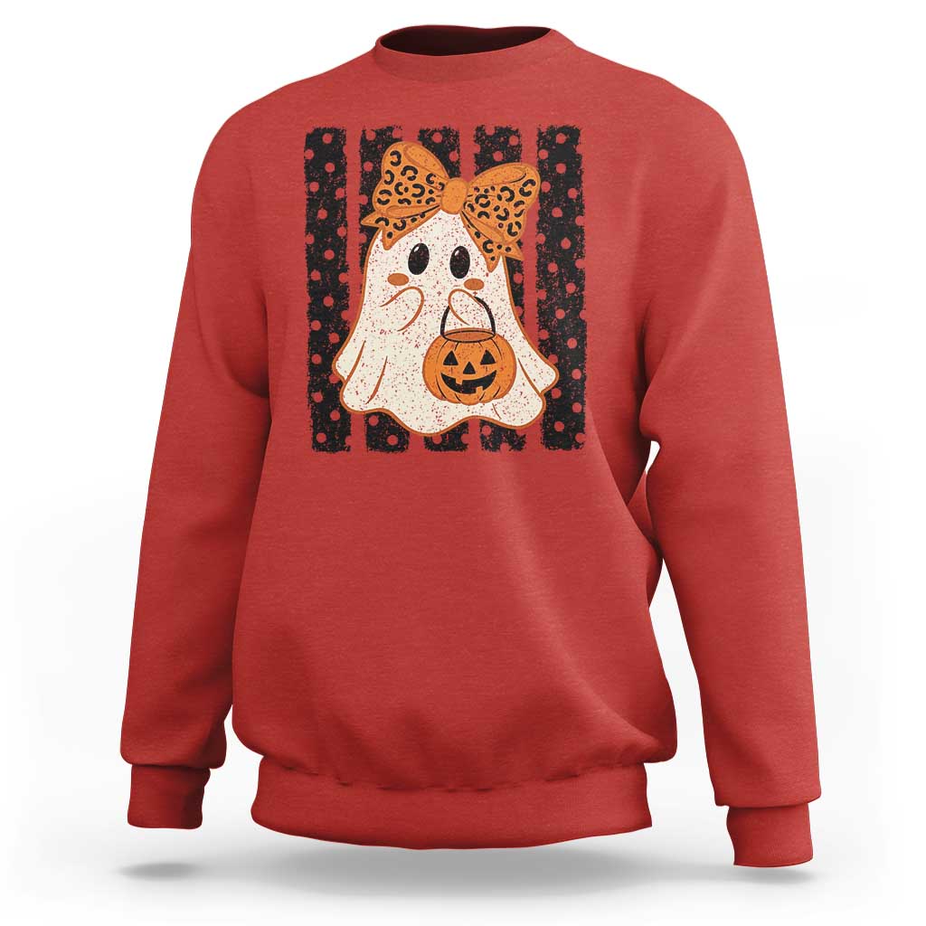 Cute Sheet Ghost with Bow Tie and Pumpkin Bucket Halloween Graphic Sweatshirt