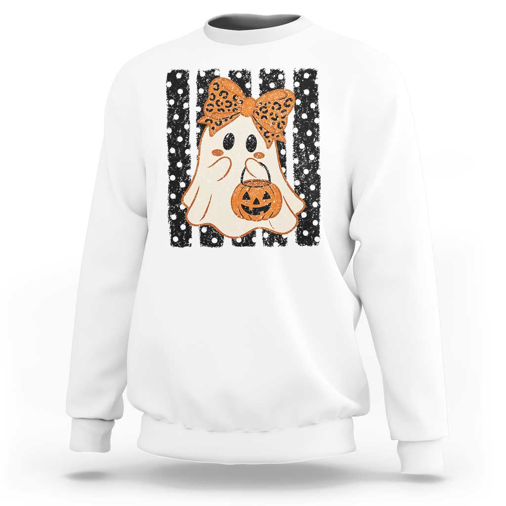 Cute Sheet Ghost with Bow Tie and Pumpkin Bucket Halloween Graphic Sweatshirt