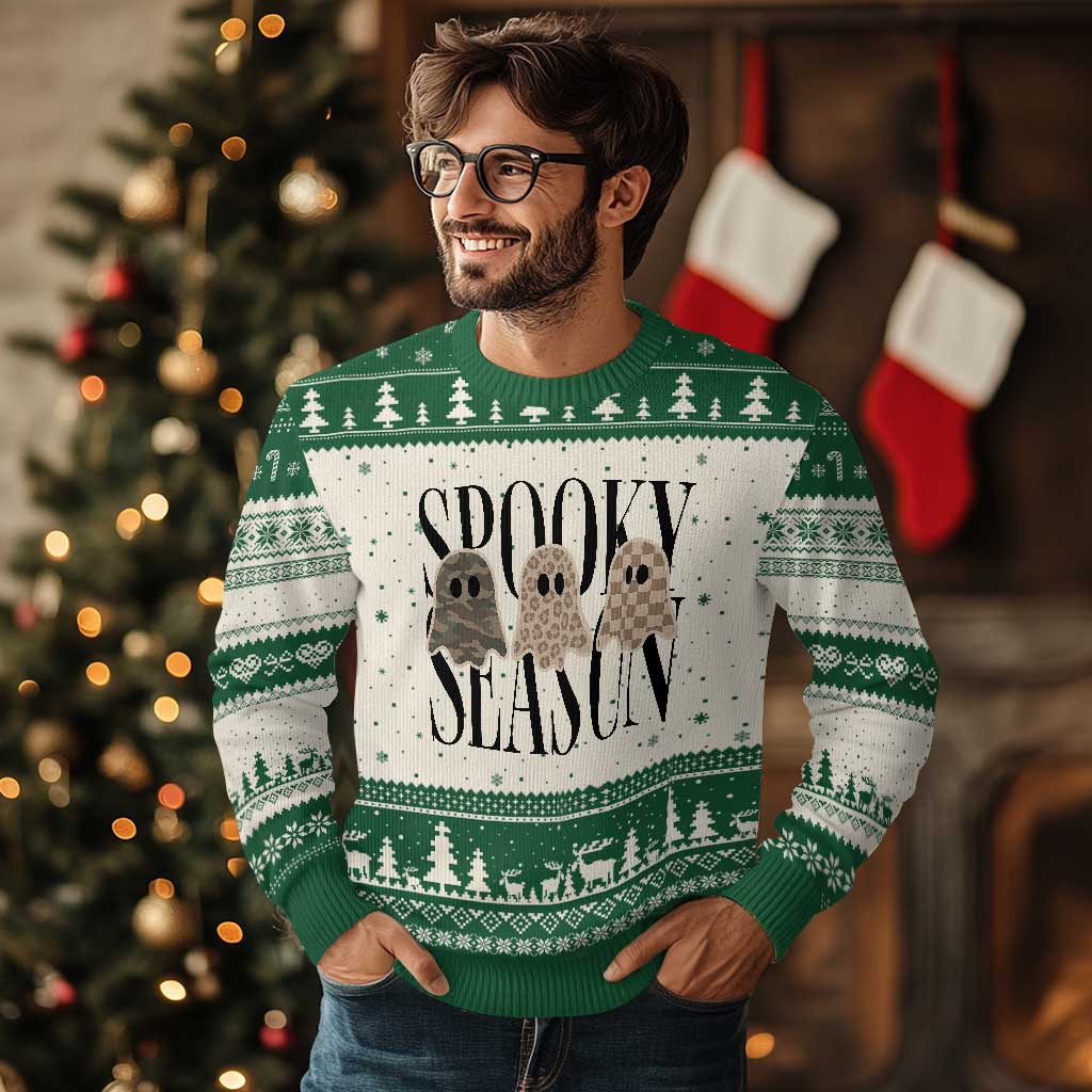 Spooky Season Camo Leopard Checkered Ghosts Halloween Graphic Ugly Christmas Sweater