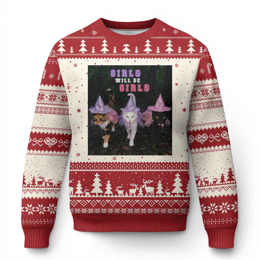 Funny Witchy Cats Girls Will Be Girls Halloween Meme Ugly Christmas Sweater
