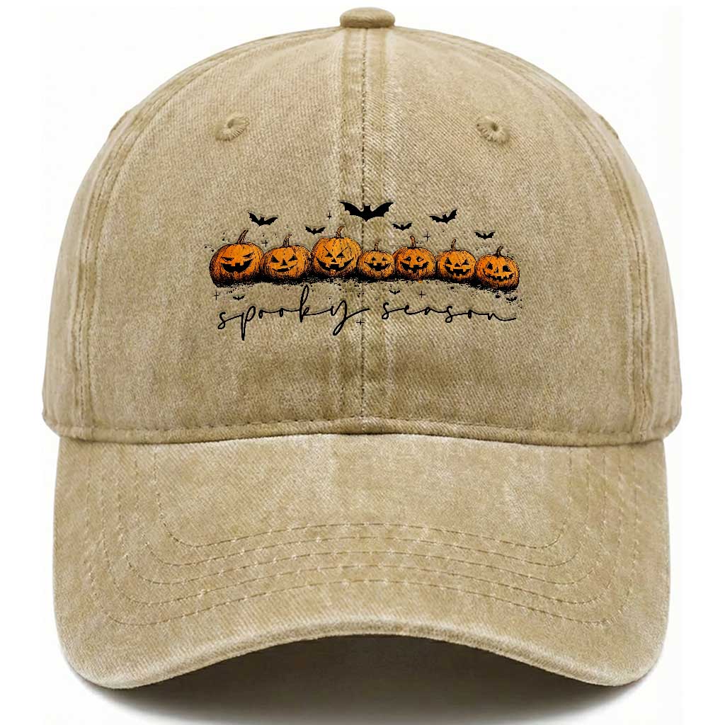 Spooky Season Jack O Lantern Pumpkins Vintage Halloween Washed Cotton Baseball Cap