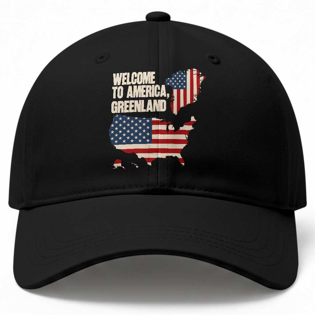 Welcome To America Greenland Map Graphic Baseball Cap Patriotic USA Flag Geographic Parody