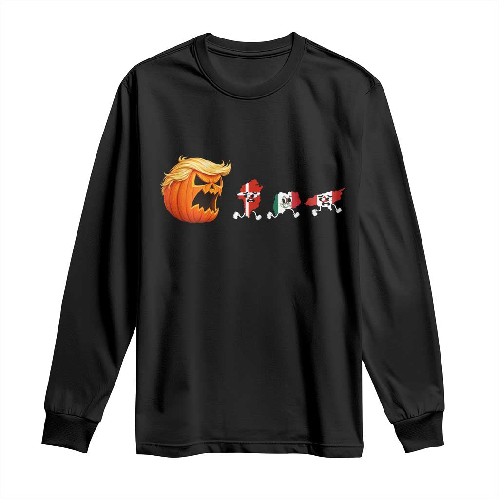 Sarcastic Orange Blonde Pumpkin Chasing Greenland Mexico Canada Graphic Long Sleeve Shirt Funny Running Country Map Flags Halloween
