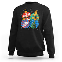 Black crewneck Christmas sweatshirt with colorful ornament graphic and "Ho Ho Ho" text