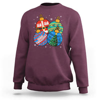Maroon crewneck Christmas sweatshirt with colorful ornament graphic and "Ho Ho Ho" text