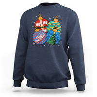 Navy crewneck Christmas sweatshirt with colorful ornament graphic and "Ho Ho Ho" text