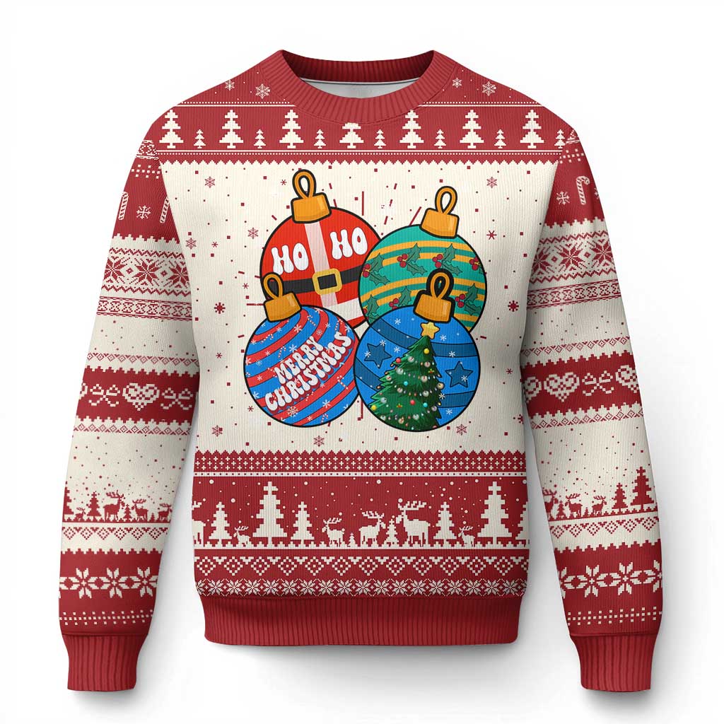 Red and white Christmas sweater with cartoon ornament graphic and fair isle trim
