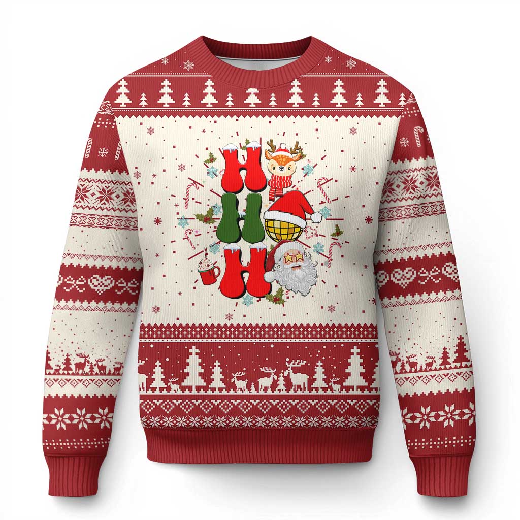 Red and cream Christmas sweater with reindeer, Santa, and holiday knit pattern