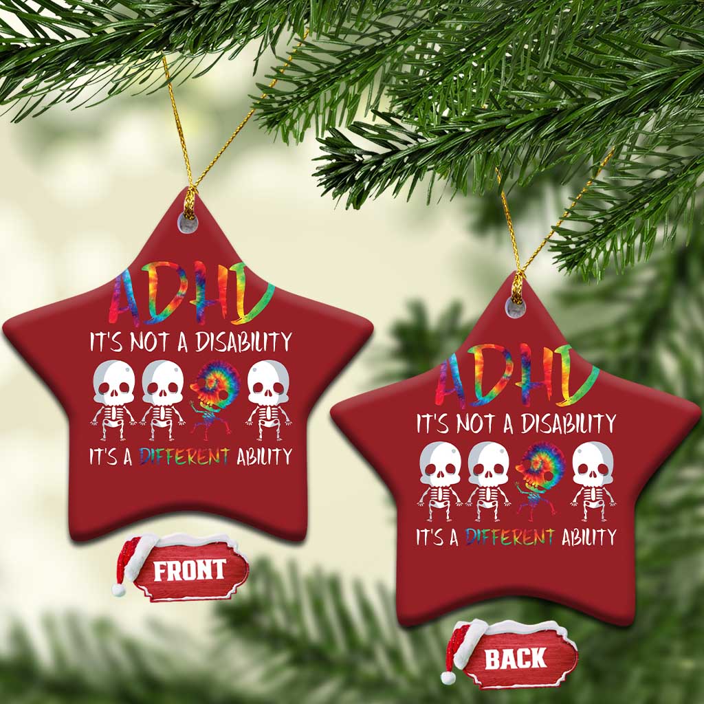 Red star-shaped ADHD awareness ornaments with colorful ADHD text and skull graphic, hanging.