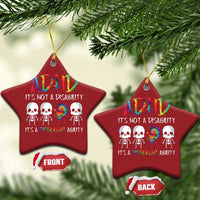 Red star-shaped ADHD awareness ornaments with colorful ADHD text and skull graphic, hanging.