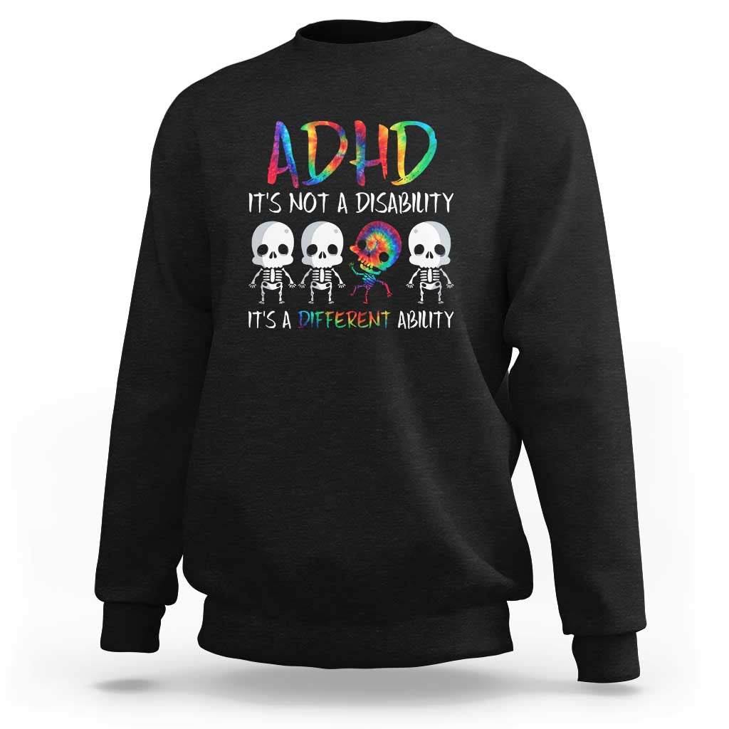 Black crewneck sweatshirt with colorful ADHD graphic and skull design on chest