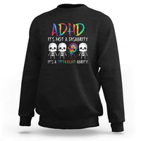 Black crewneck sweatshirt with colorful ADHD graphic and skull design on chest