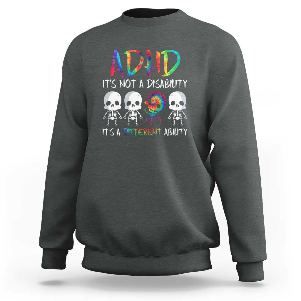 Dark heather gray crewneck sweatshirt with colorful ADHD graphic and skull design