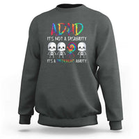 Dark heather gray crewneck sweatshirt with colorful ADHD graphic and skull design